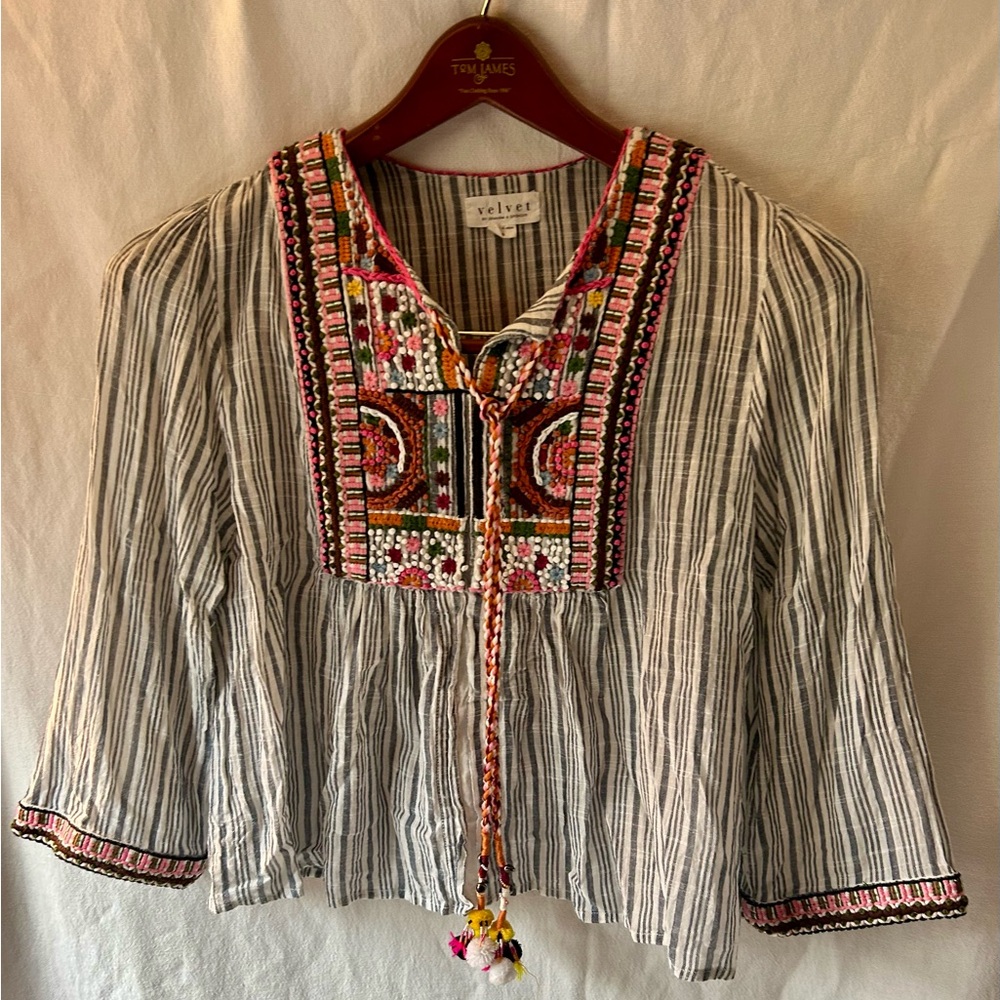Velvet by Graham & Spencer Anthropologie Striped Embroidered Blouse Women’s S